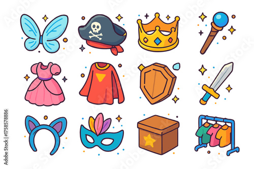 Vibrant Costume Icons. Colorful isometric vector icons set of costumes and props: fairy wings, pirate hat, king?s crown, wizard staff, princess