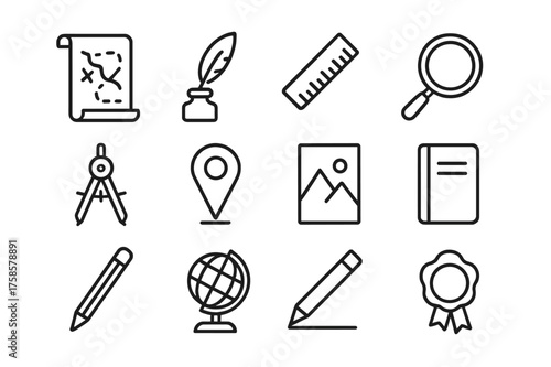 Cartographer's Desk Icons. Cartographer?s desk. Line icon set of Cartographer?s desk: parchment, quill, ink bottle, ruler, magnifying glass, compass, map pin,