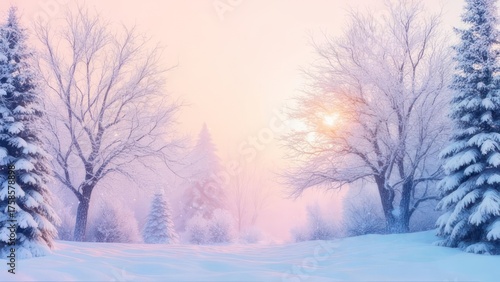 Soft pink sunrise over a snow-covered winter forest