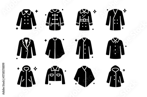 Wool Outerwear Icons. Wool Outerwear. Solid icons set of Wool Outerwear: pea coat, duffle coat, trench coat, double-breasted coat, blazer, wool cape, overcoat,