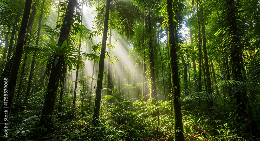 Obraz premium Ethereal Sunbeams Pierce Through a Dense, Lush Tropical Rainforest Canopy