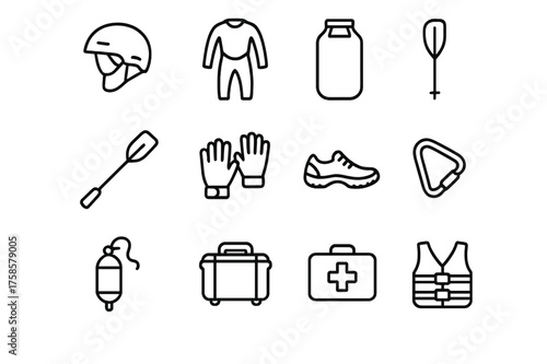 Rafting Gear Icons. Rafting gear. Line icon set of Rafting gear: helmet, wetsuit, dry bag, paddle, gloves, river shoes, rope bag, waterproof case, carabiner,