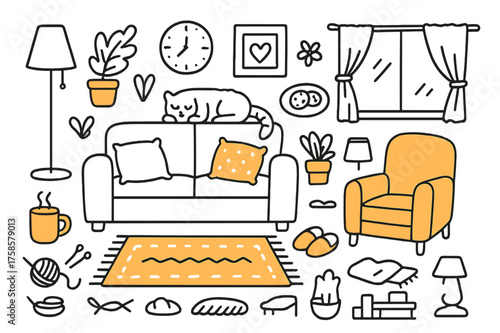 Cozy Indoor Retreat. Cozy indoors. Hand-drawn doodle illustration cozy indoors sofa, steaming mug colored, armchair, slippers colored, bookshelf, cat colored,