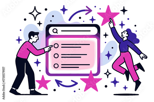 Glowing Search Results. Search results. A glowing list of search items with abstract floating stars, arrows, and sparkles symbolizing knowledge and choice.