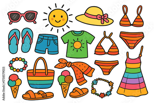 Summer Fashion Icons. Summer Style. Colorful Hand-drawn doodle Children illustration Sunglasses, sun hat, flip-flops, shorts, t-shirt, beach bag, sandals,