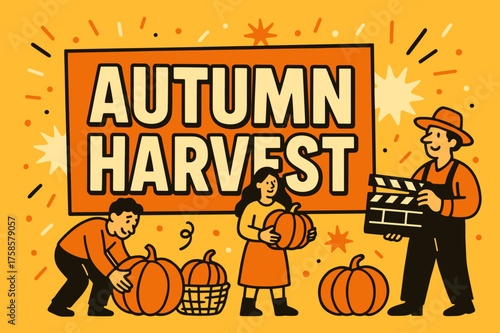 Autumn Harvest Celebration. AutumnHarvest banner, flat vector illustration, bold oversized text inside rectangular frame, cartoon characters picking and
