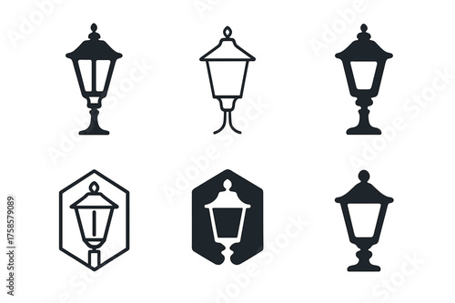 Alley Logo Variations. Alley. Set Logo of Alley: vintage streetlamp. harmonious logo variations of the same emblematic concept, each with different artistic