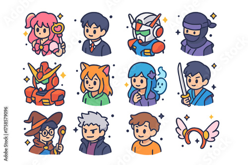 Anime Squad Icons. Anime squad. Colorful isometric vector icons set of anime squad: magical girl, school uniform hero, robot pilot, ninja teen, mecha suit, cat