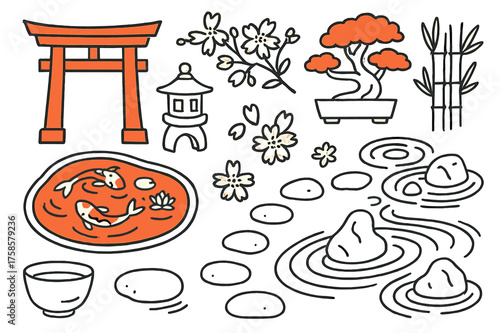 Japanese Aesthetic Elements. Japanese aesthetics. Hand-drawn doodle illustration japanese aesthetics torii gate (accented), bonsai (accented), lantern, koi