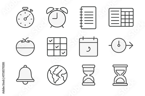 Time Management Icons. Time management tools. Line icon set of Time management tools: stopwatch, alarm clock, daily planner, weekly planner, pomodoro timer,