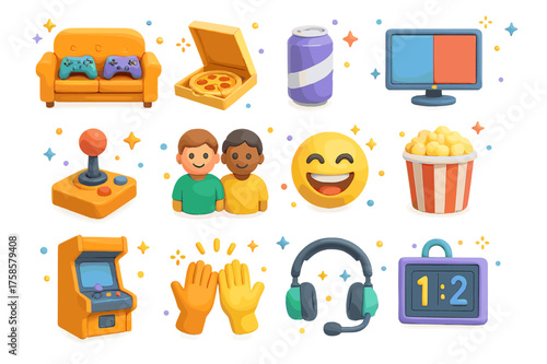 3D Co-op Icons Collection. Local co-op. 3D icons set of local co-op: couch with two controllers, pizza box, soda can, split TV screen, joystick, friends