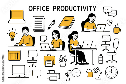 Productive Office Doodle. Office Productivity. Hand-drawn doodle illustration office productivity employees working at desks (accented), laptops (accented),