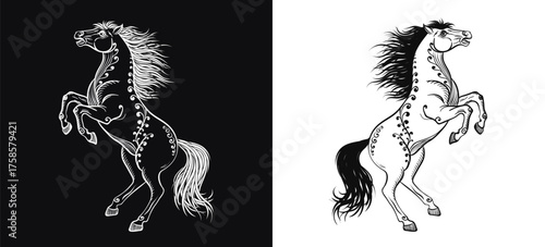 Set of 2 hand drawn rearing horses with ornamental patterns and flowing mane on black and white background. Zentangle equine for Chinese zodiac 2026 Year of the Horse. Tattoo, logo, print design