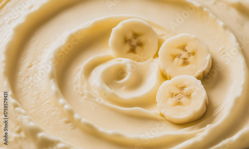 Banana Ice Cream Macro Texture with Scoop Ridges in Circular Swirl, Photorealistic Food Background