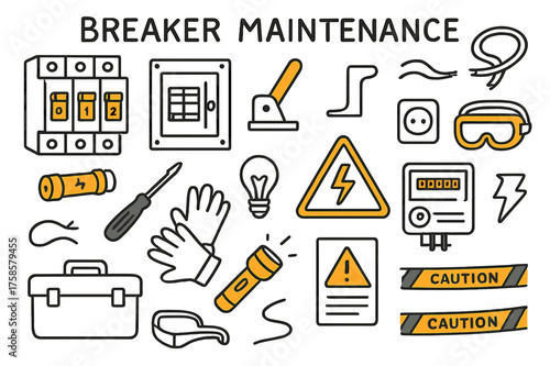 Breaker Maintenance Essentials. Breaker Maintenance. Hand-drawn doodle illustration breaker maintenance circuit breaker (accented), panel, switch lever, fuse