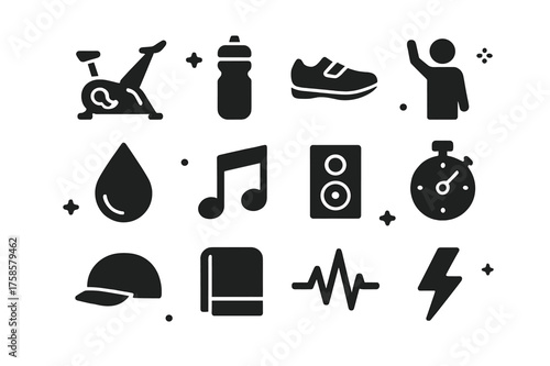 Spin Class Icons. Spin Class. Solid icons set of Spin Class: stationary bike, water bottle, cycling shoe, instructor figure, sweat drop, music note, speaker,