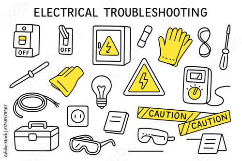 Electrical Troubleshooting Doodles. Electrical Troubleshooting. Hand-drawn doodle illustration electrical troubleshooting circuit breaker (accented), switch