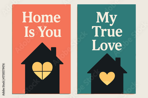 Cozy Home Banners. Home. Two vertical A6 banners, modern, coral and teal backgrounds, cozy house silhouette with heart-shaped window and warm light, first