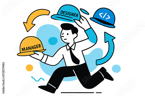 Dynamic Role Shifting. Shifting Roles. A worker swapping hats (manager, designer, coder) as abstract arrows flow around them, showing flexibility in roles.