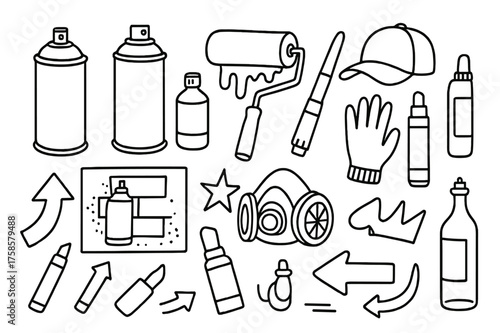Graffiti Tools Doodle. Graffiti tools. Hand-drawn doodle illustration graffiti tools spray paint cans, paint roller, marker pens, stencils, cap, gloves, mask,