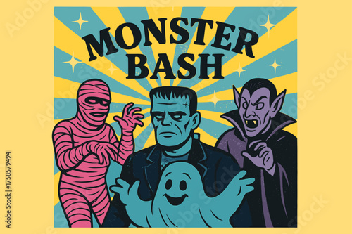 Monster Bash Poster. Monster Bash ? Retro Poster, bold serif retro type, centered poster layout, halftone dots, pastel paper grain, shining stars and rays for