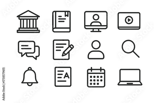 Student Resource Icons. Student resources. Line icon set of Student resources: library icon, ebook, course materials, video lecture, discussion