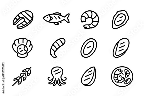 Grilled Seafood Icon Set. Grilled seafood. Line icon set of Grilled seafood: fish fillet, whole fish, shrimp, lobster tail, scallop, crab leg, squid ring,