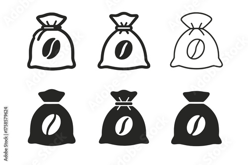 Coffee Logo Variations. Sacks of coffee beans. Set Logo of Coffee: sack tied with rope icon. harmonious logo variations of the same emblematic concept, each