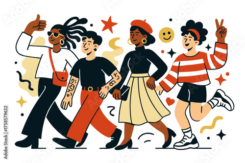 Expressive Fashion Fusion. Personal style expression. Characters showing unique fashion and accessory choices, glowing abstract shapes and floating icons