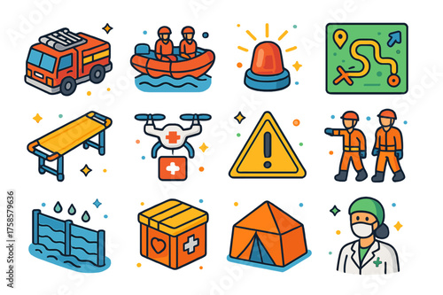 Disaster Response Icons. Disaster response. Colorful isometric vector icons set of disaster response: fire truck, rescue boat, emergency siren, evacuation