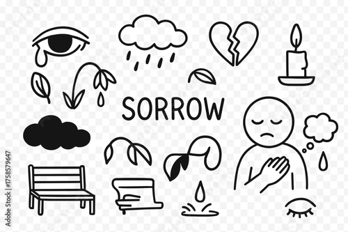Symbolic Sorrow Icons. Sorrow. Hand-drawn doodle illustration sorrow crying eye, teardrop, broken heart, wilted flower, rain cloud, candle, dark cloud,