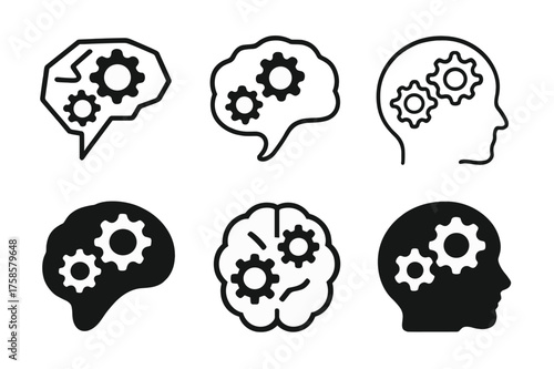 Leadership Logos Grid. Leadership training. Set Logo of Leadership training: Brain with gears (decision making). harmonious logo variations of the same