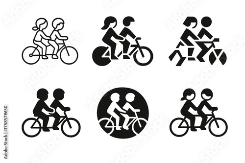 Sibling Bike Ride Logos. Sibling moments and family bonding. Set Logo of Sibling moments and family bonding: Tandem Bike Ride. harmonious logo variations of