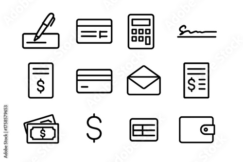 Check Writing Icons. Check writing process. Line icon set of Check writing process: pen, check, ledger, calculator, signature line, deposit slip, bank card,