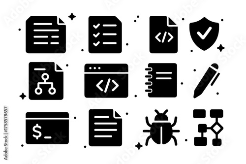 Test Design Icons. Test Case Design. Solid icons set of Test Case Design: Test Script, Checklist, Code File, Assertion, Scenario, IDE, Notebook, Pen, Terminal,