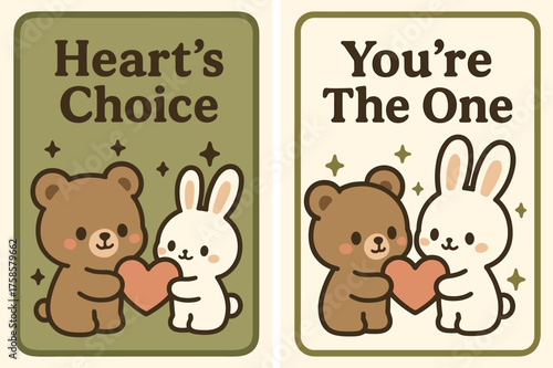 Heart's Choice Banner. Heart's Choice. Two vertical A6 banners, kawaii, olive green and cream backgrounds, cute characters exchanging a heart-shaped note with