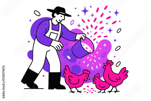 Feeding Chickens Delight. Morning chores. A farmer feeding chickens from a glowing bucket, abstract floating grains and stars showing liveliness. Modern