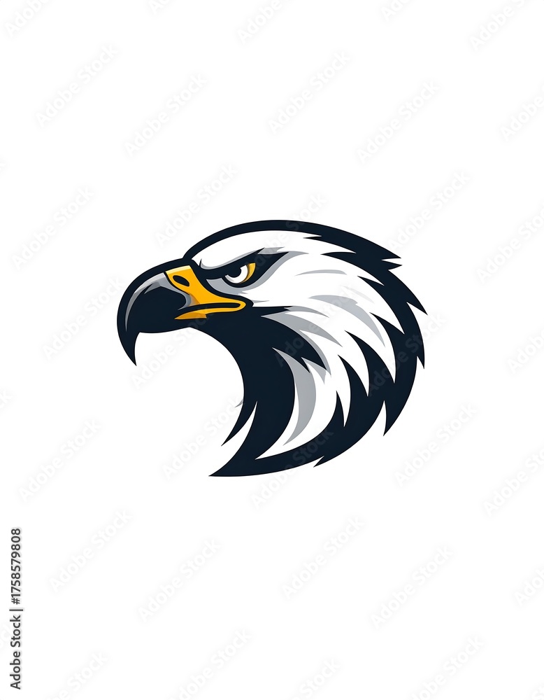 Obraz premium Isolated, stylized eagle head graphic, predominantly white, black, yellow details against a clean white backdrop, evoking power and focus