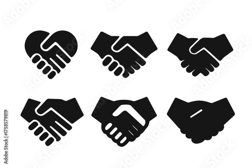 Handshake Logo Grid. Team dynamics and conflict resolution in management. Set Logo of two shaking hands: Stylized detail, Iconic shape, Minimal outline, Flat