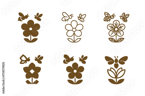Nature Logo Variations. Pollinators. Set Logo of Nature: flower with flying insects. harmonious logo variations of the same emblematic concept, each with