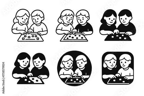 Sibling Board Game Logos. Sibling moments and family bonding. Set Logo of Sibling moments and family bonding: Board Game Night. harmonious logo variations of