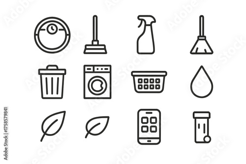 Smart Cleaning Icons. Smart cleaning. Line icon set of smart cleaning: robot vacuum, mop, spray bottle, broom, dustbin, washing machine, laundry basket, water
