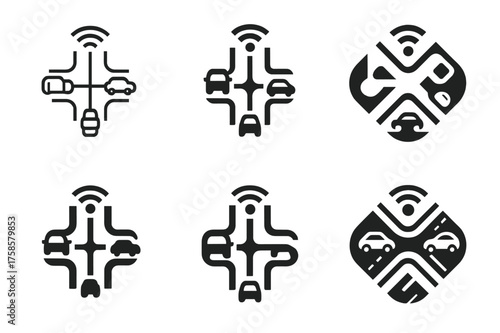 Smart Transport Logos. Future of transportation. Set Logo of Future of transportation: Connected smart intersection with autonomous vehicles. harmonious logo