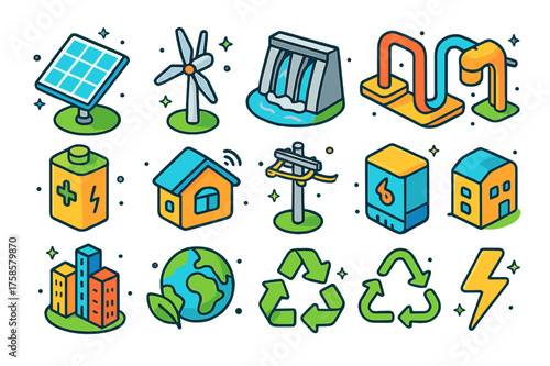Renewable Energy Icons. Colorful isometric vector icons set of hybrid renewable systems: solar panel, wind turbine, hydro dam, geothermal pipe, battery