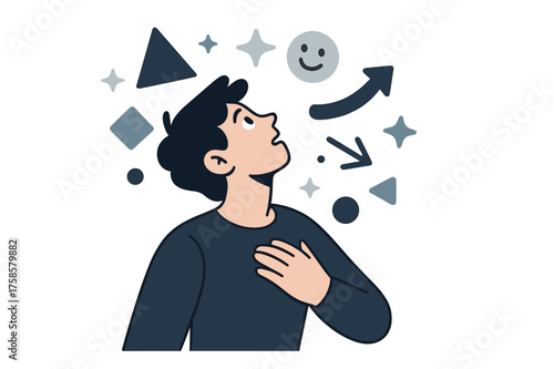 Curiosity in Motion. Curiosity above. A person tilting their head up at floating geometric shapes, stars, and playful icons glowing in the air. Modern flat