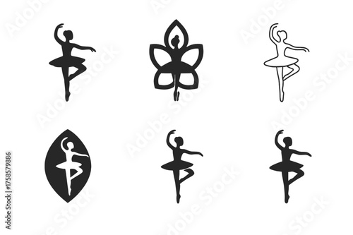 Elegant Ballet Logos. A dancer practicing pirouettes in a ballet studio with mirrors. Set Logo of Ballet practice: graceful pose icon. harmonious