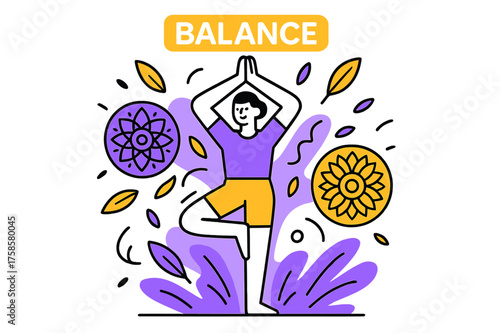 Tranquil Yoga Balance. Yoga balance. A figure standing in tree pose, body surrounded by floating leaves and circular mandala patterns. Word ?Balance? glowing