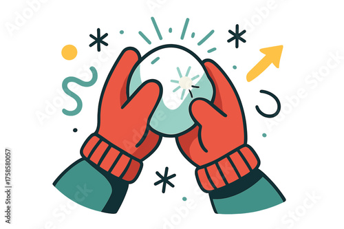Playful Winter Mittens. Frozen Hands. Bright red mittens clutching a snowball, tiny ice sparkles radiating outward. A playful feeling of winter cold mixed with