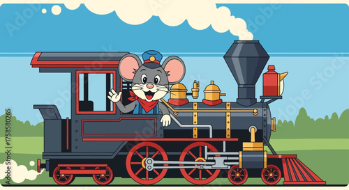 mouse driving a steam train cute rodent waving from the cab of a vintage locomotive perfect for childrens books and transportation themes.