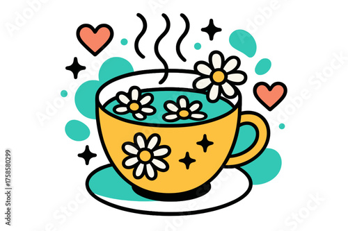 Calming Chamomile Illustration. Chamomile tea. A glowing cup of tea with chamomile flowers floating above, abstract hearts and soft sparkles symbolizing calm